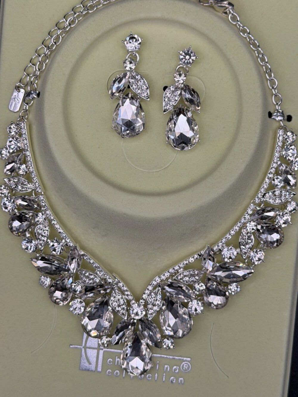 Christina Collection Silver Tone Gray Crystal Rhinestone Necklace & Earrings Set